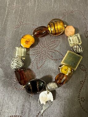 Handmade Amber & Earth-Tone Beaded Stretch Bracelet with Charm